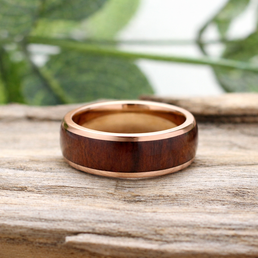 Men's Rose Gold Titanium Ring with Acacia Wood Inlay - Hashtag Bamboo