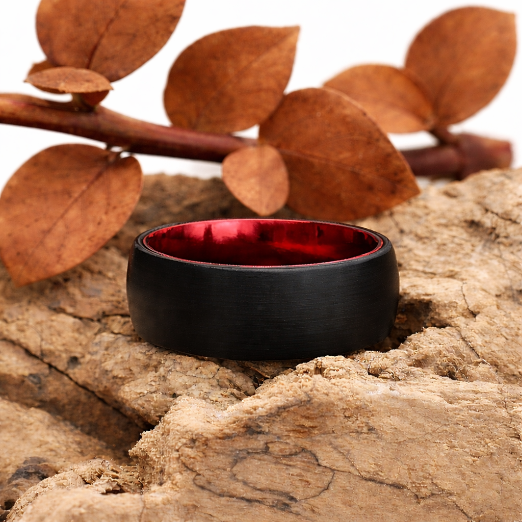 Men's Black Tungsten Ring with Red Centre 8mm - Hashtag Bamboo