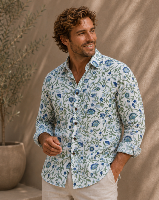 Men's Printed 100% Cotton Shirt | Blue Green Botanical