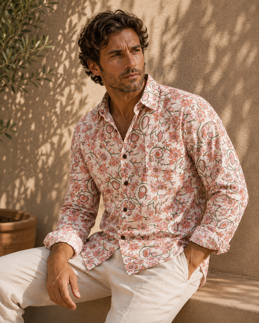 Men's Printed 100% Cotton Shirt | Pink Botanical
