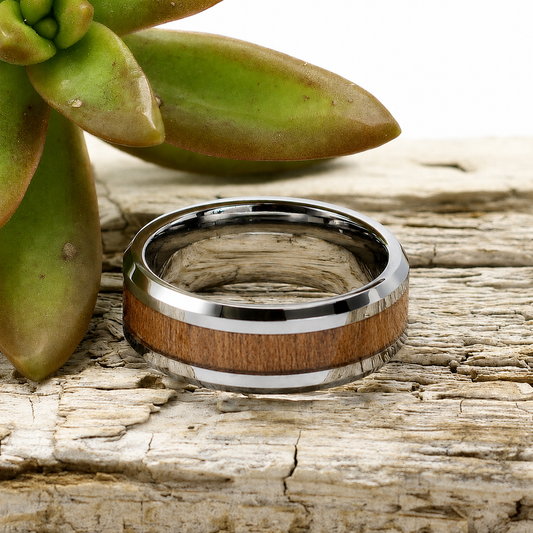 Men's Silver Tungsten Ring with Wood Inlay 8mm - Hashtag Bamboo