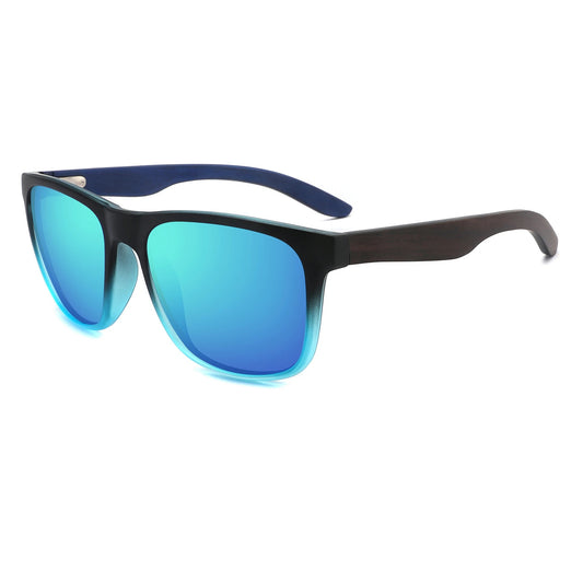 MALIK BLUE MIRROR Wayfarer Sunglasses Polarized Lens Wooden Arms