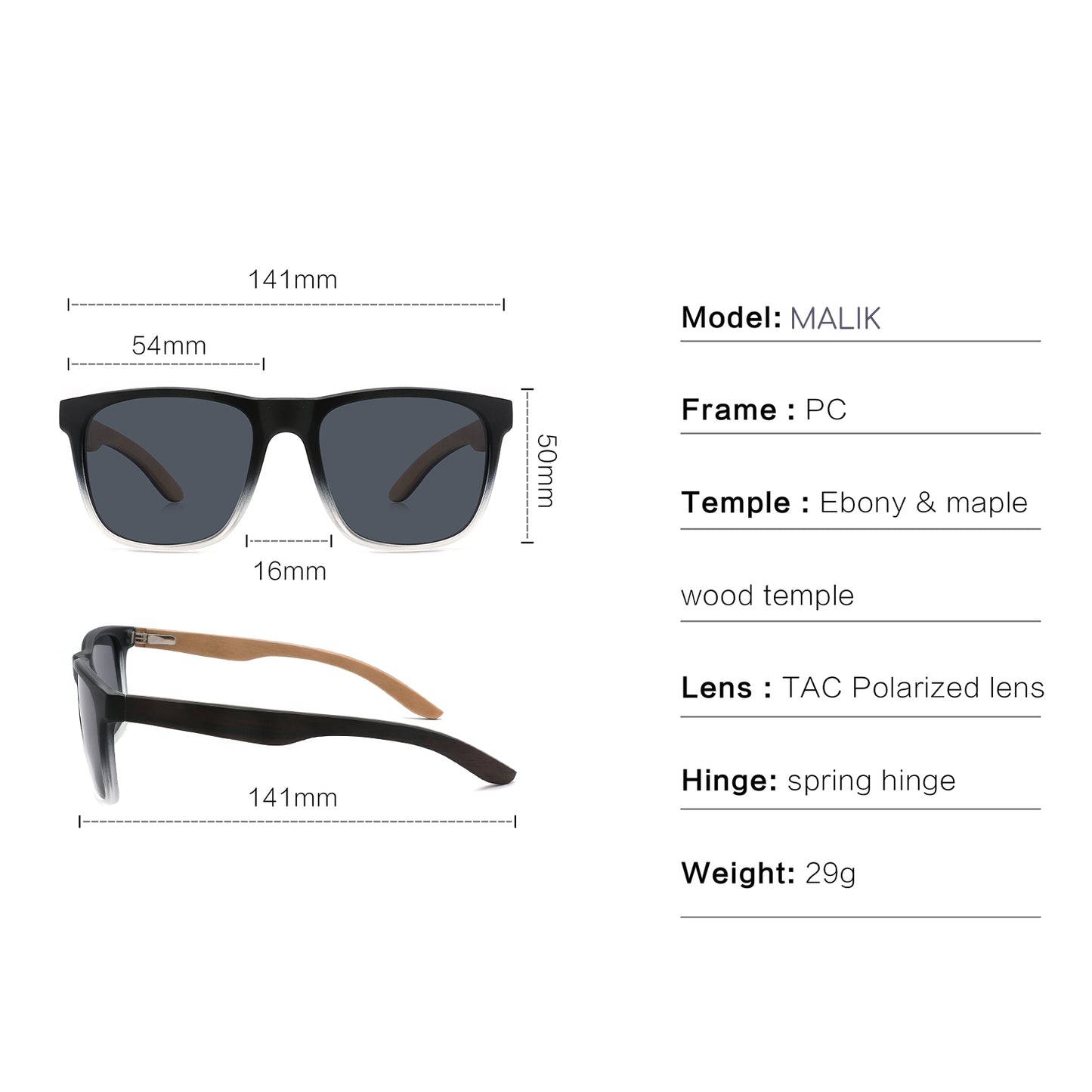 MALIK BLUE MIRROR Wayfarer Sunglasses Polarized Lens Wooden Arms