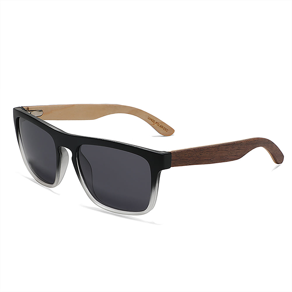 Square sunglasses with a black acetate frame, dark gray lenses, and natural wood temples, shown on a clean white background.