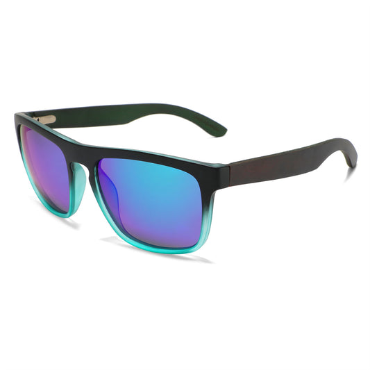 Rectangular sunglasses with a matte black frame, translucent teal and green gradient rims, and mirrored blue lenses, shown on a white background.