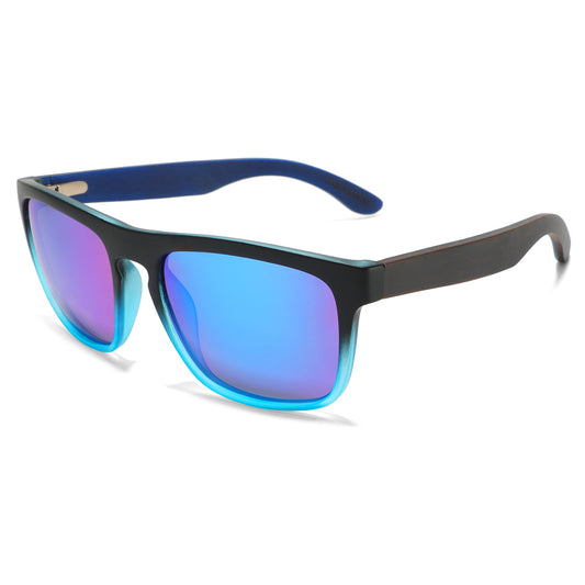 A pair of square sunglasses with a matte black frame, vibrant blue gradient rims, and mirrored blue lenses, shown on a clean white background.