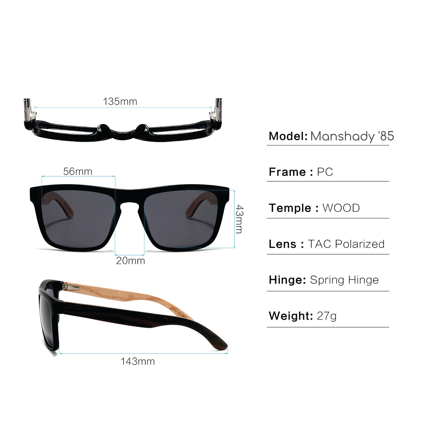 MANSHADY '85 BLACK Men's Sunglasses Polarised Lens Wooden Arms