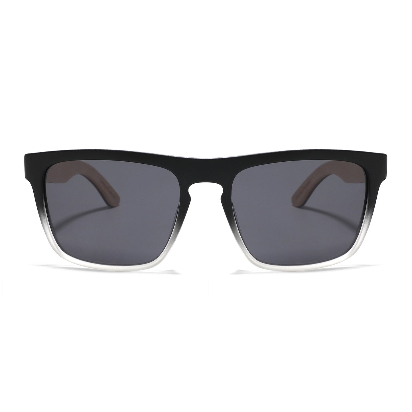 A pair of square sunglasses with a black frame that fades into clear at the corners, paired with dark gray lenses.