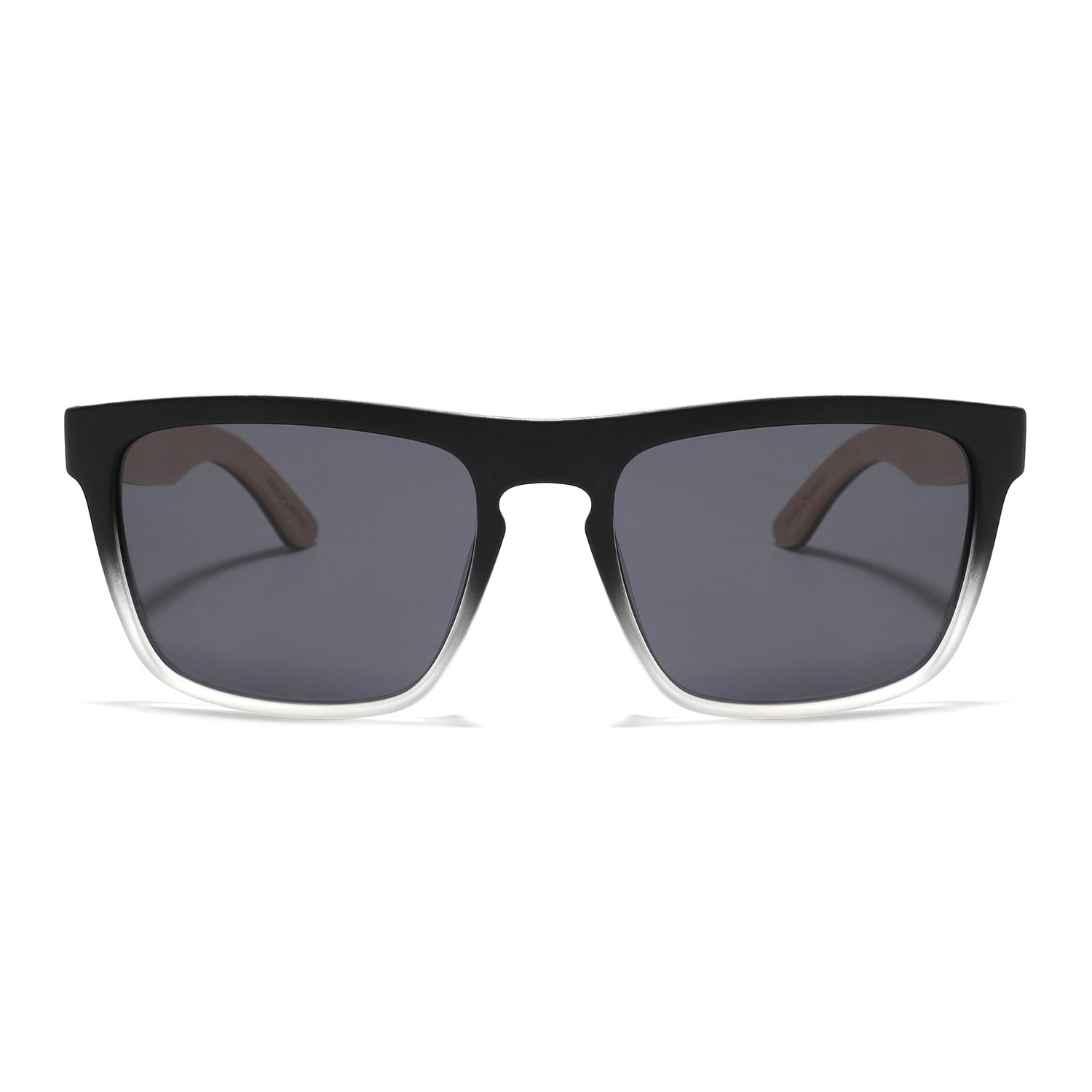 A pair of square sunglasses with a black frame that fades into clear at the corners, paired with dark gray lenses.