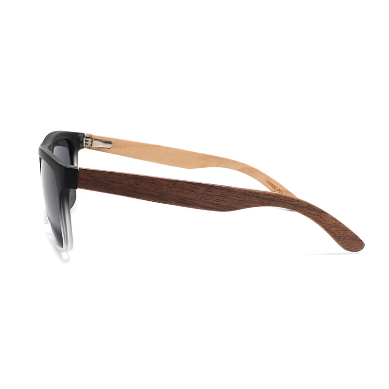 Wooden sunglasses with a black frame and wooden arms, a light natural wood inner temple, and black acetate front rims, shown on a white background.
