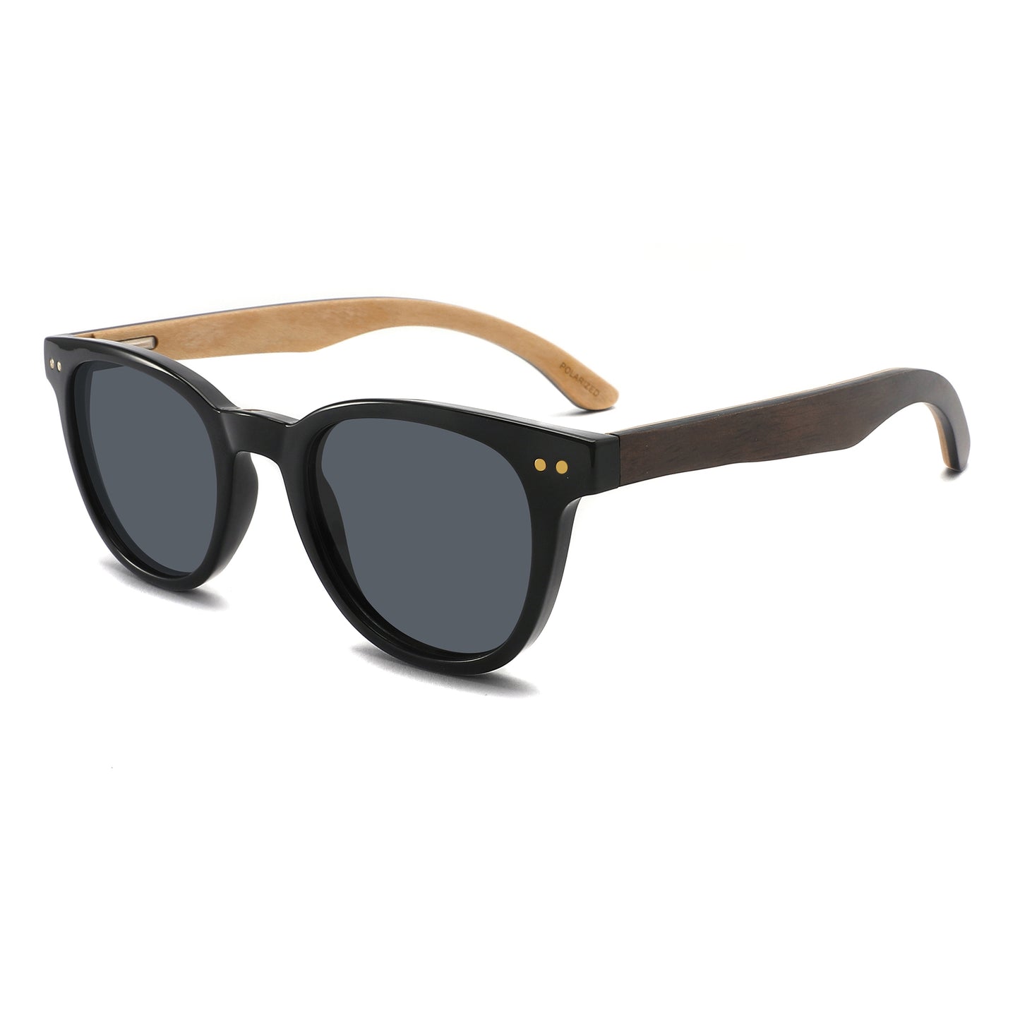 MARISOL BLACK | Round Polarised Sunglasses | Natural Wood Arms