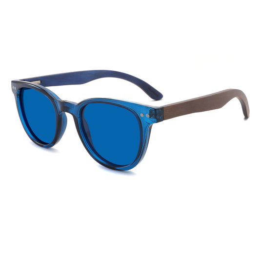 MARISOL BLUE | Round Polarised Sunglasses | Natural Wood Arms