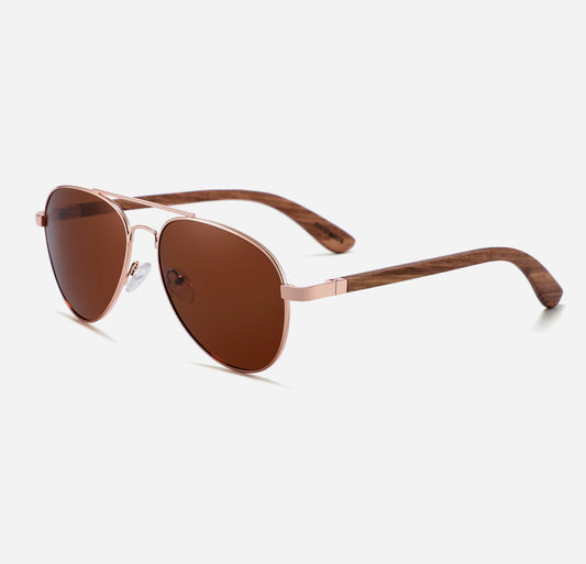 MAVERICK BROWN Aviator Sunglasses Polarised Lens Wooden Arm