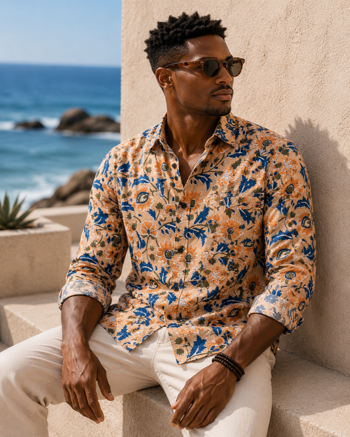 Man wearing a patterned shirt and sunglasses sitting by the ocean.