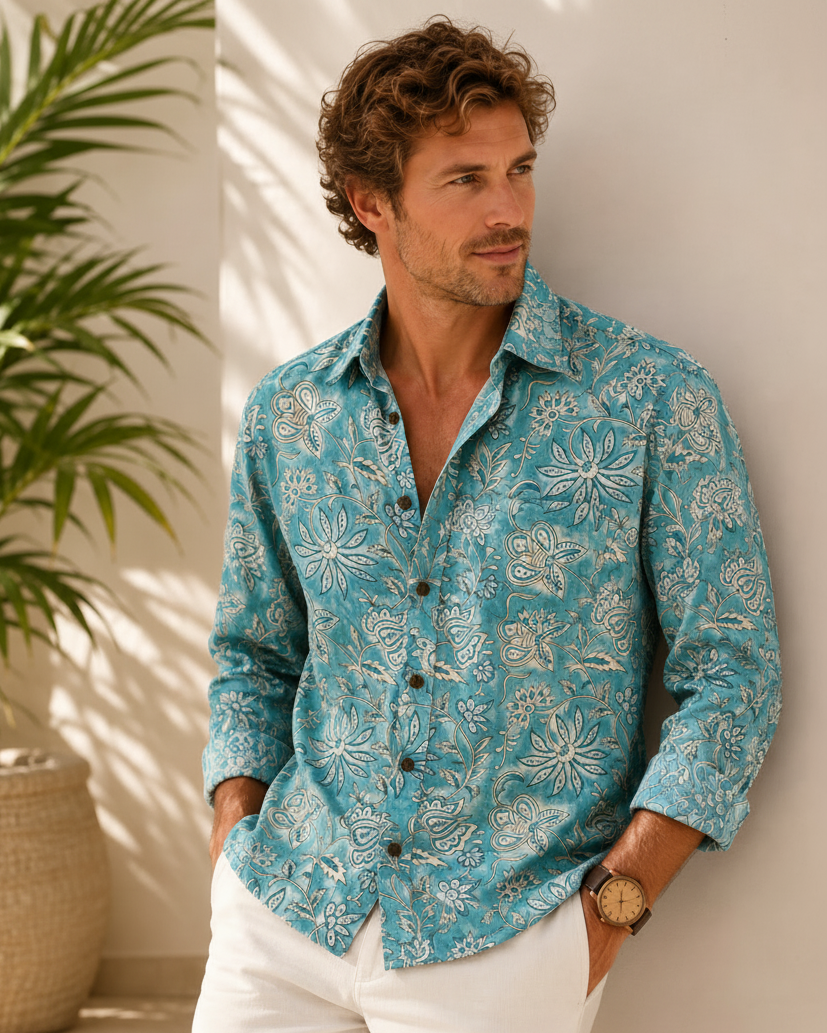 Hashtag Bamboo model wearing a blue printed cotton shirt from the Coastal Collection.