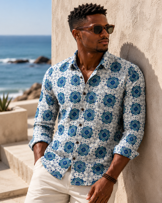 Men's Printed 100% Cotton Shirt | Blue Green Mosaic