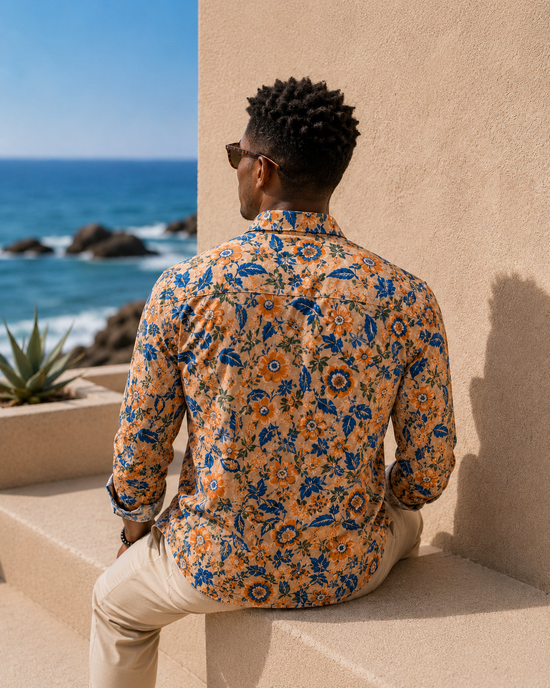 Men's Printed 100% Cotton Shirt | Blue & Orange Botanical