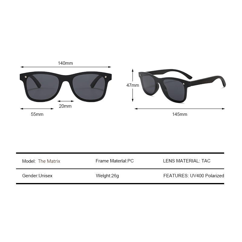 Black sunglasses shown twice with measurement callouts and a specification table below. The image includes dimensions for width, height, and lens spacing, plus text listing model 'The Matrix', PC frame material, TAC lens material, unisex gender, 25g weight, and UV400 polarized features.