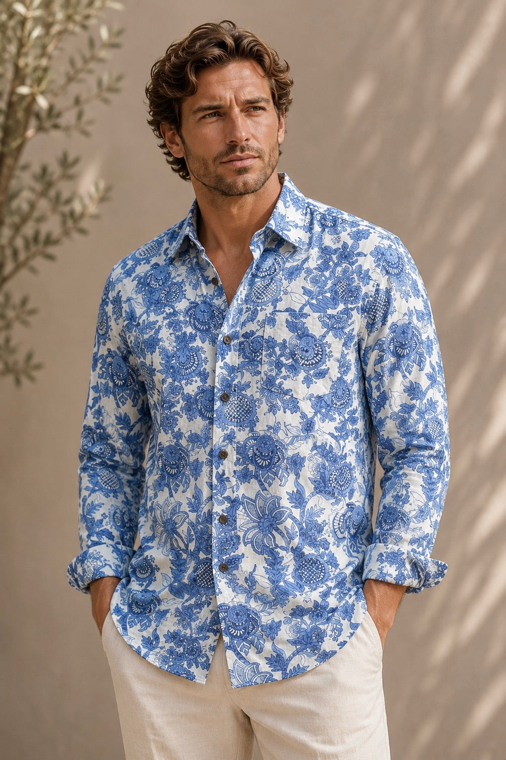 Blue Floral  100% cotton men's shirt with coconut buttons, relaxed fit.