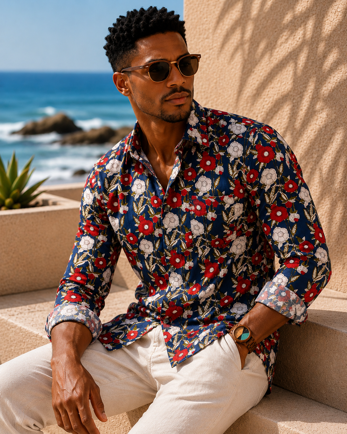 Man wearing a colorful floral shirt sitting by the ocean.