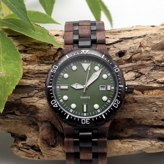 Signature LTD men’s walnut wood and black stainless-steel watch with deep green face