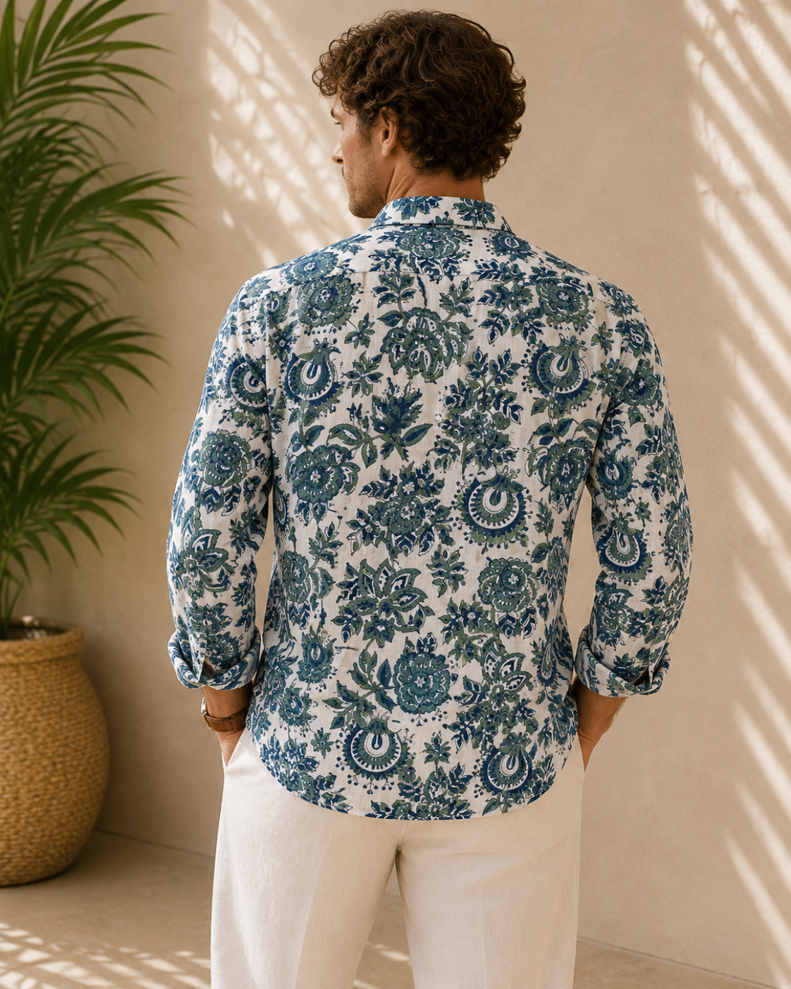 Man wearing a blue floral patterned shirt in a sunlit room with a plant.