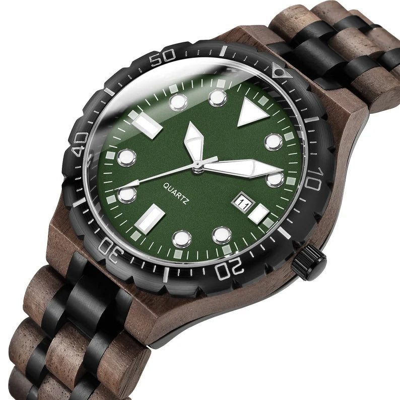 Signature LTD men’s walnut wood and black stainless-steel watch with deep green face