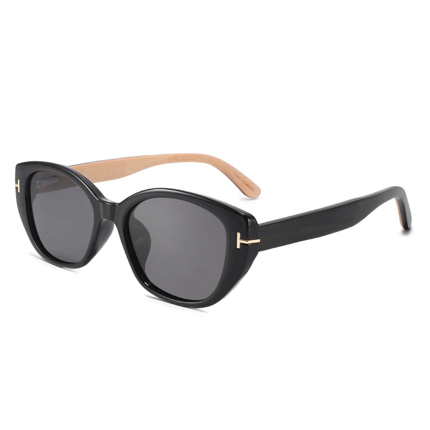 Black cat-eye sunglasses with dark gray lenses, gold-tone T-shaped metal accents on the temples, and light natural wood temples.