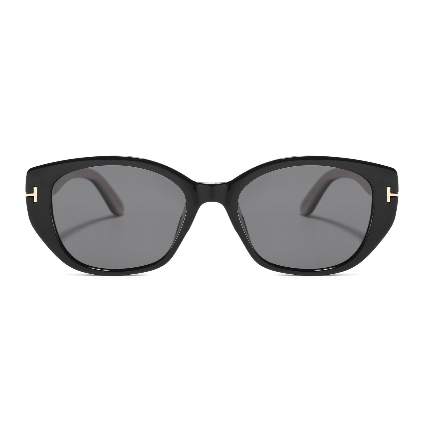 A pair of black cat-eye sunglasses with dark gray lenses and small gold metal accents on the temples, shown against a plain white background.