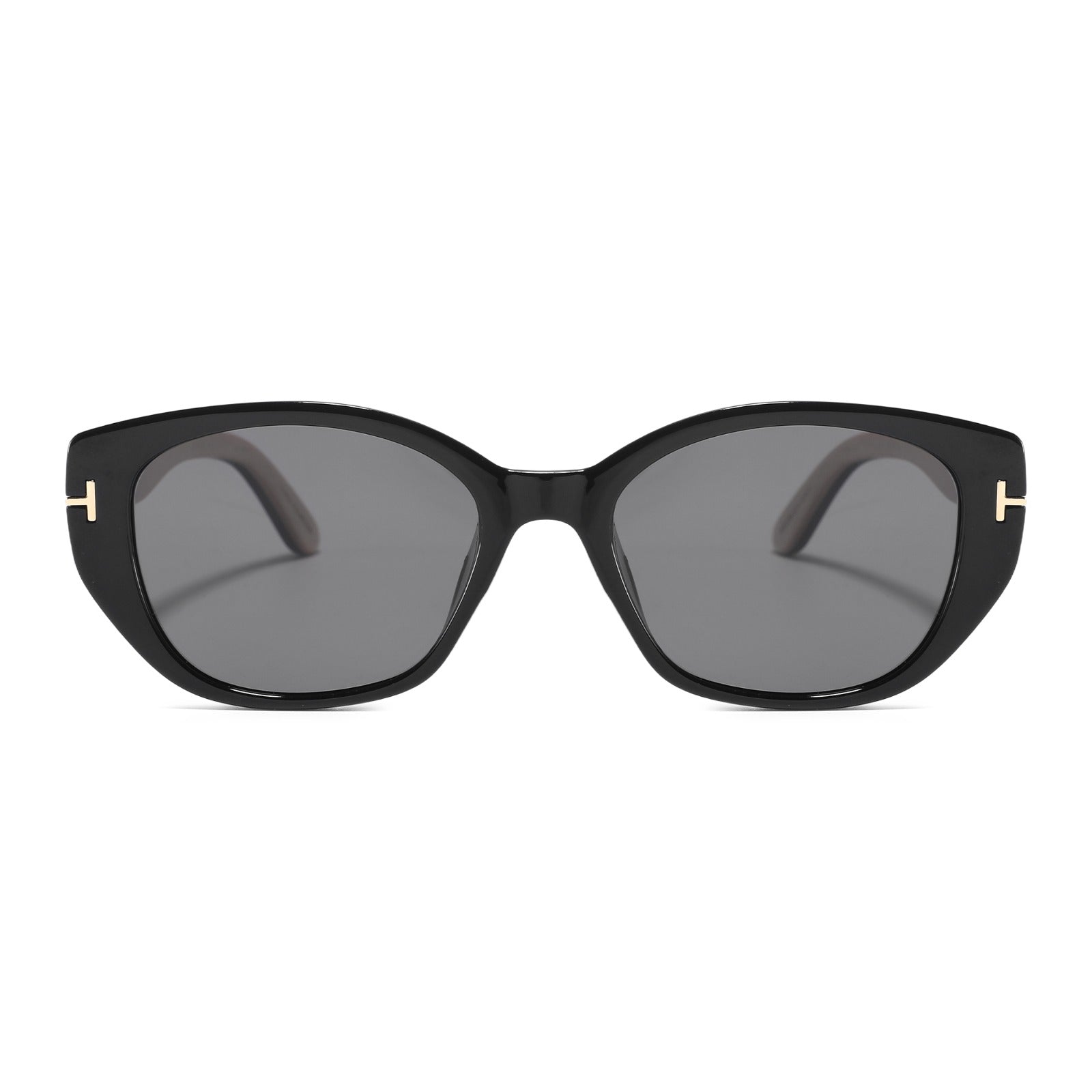 A pair of black cat-eye sunglasses with dark gray lenses and small gold metal accents on the temples, shown against a plain white background.