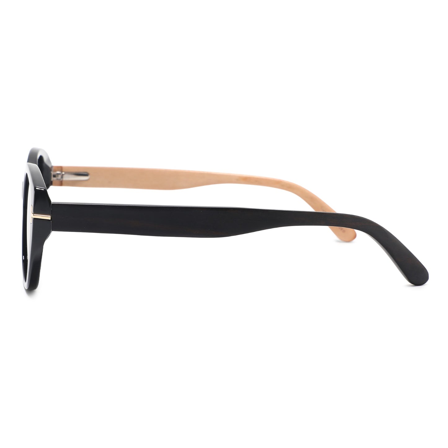 Side view of round-frame eyeglasses with a black acetate front and a light natural wood temple arm, shown on a plain white background.