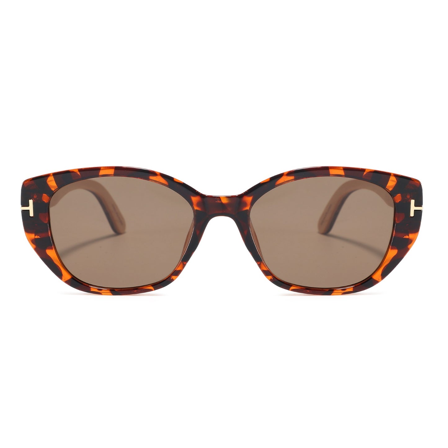 Cat-eye sunglasses with a tortoiseshell polycarbonate frame, zebrawood natural wood temples, and brown tinted lenses, shown on a plain white background.