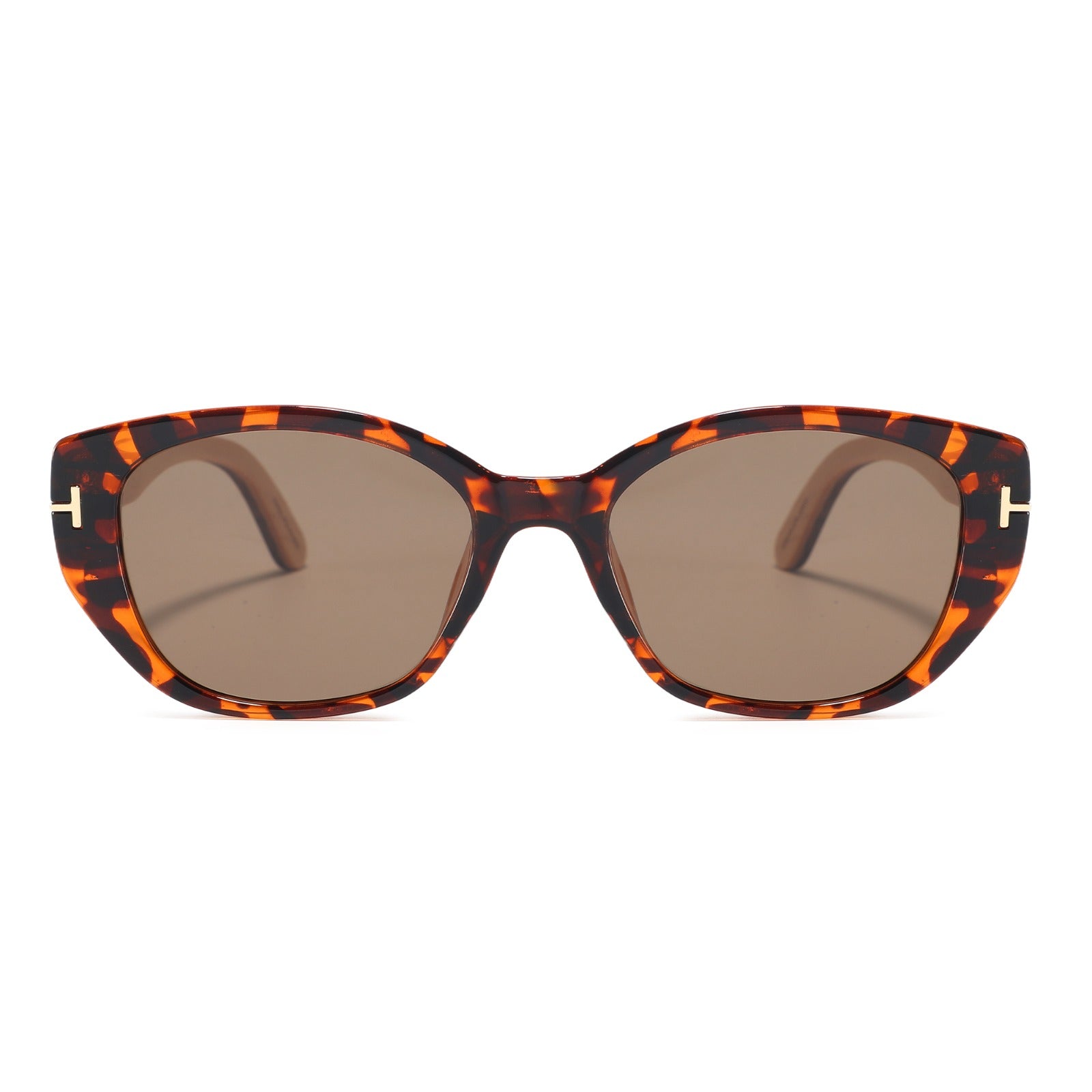 Cat-eye sunglasses with a tortoiseshell polycarbonate frame, zebrawood natural wood temples, and brown tinted lenses, shown on a plain white background.