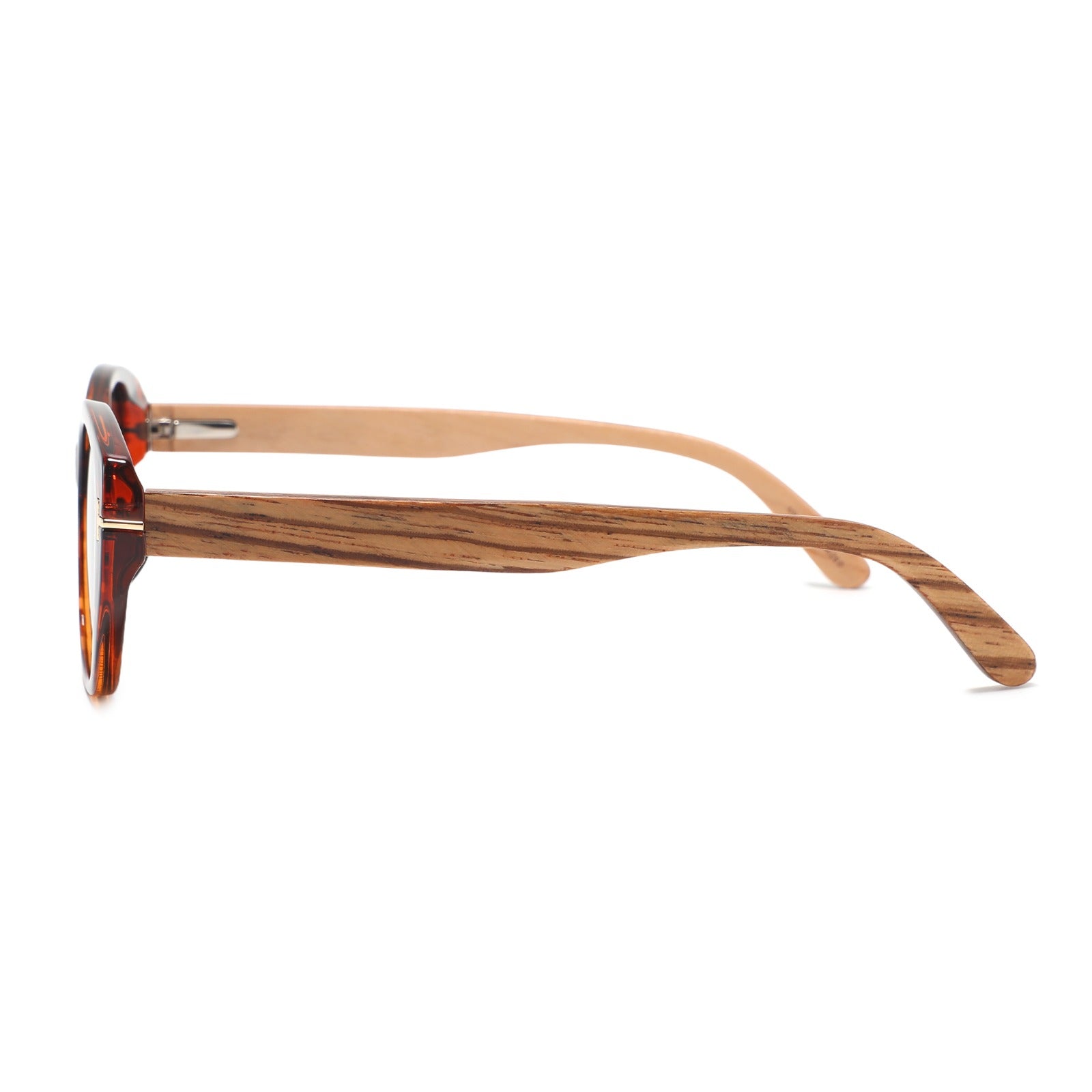 Side view of the Solara cat-eye sunglasses with a tortoiseshell polycarbonate frame, zebrawood natural wood temples, and brown tinted lenses, shown on a plain white background.