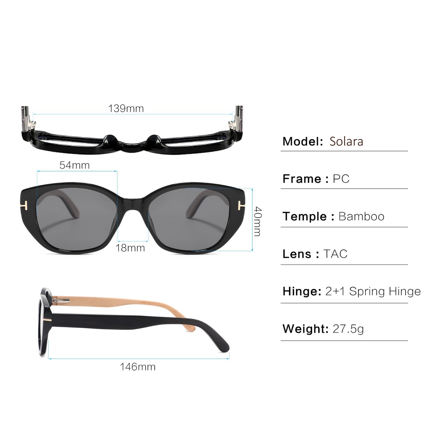 Three views of black cat-eye sunglasses with gray lenses and small gold accents, shown with measurement lines and text listing model, frame, temple, lens, hinge, and weight on a white background.