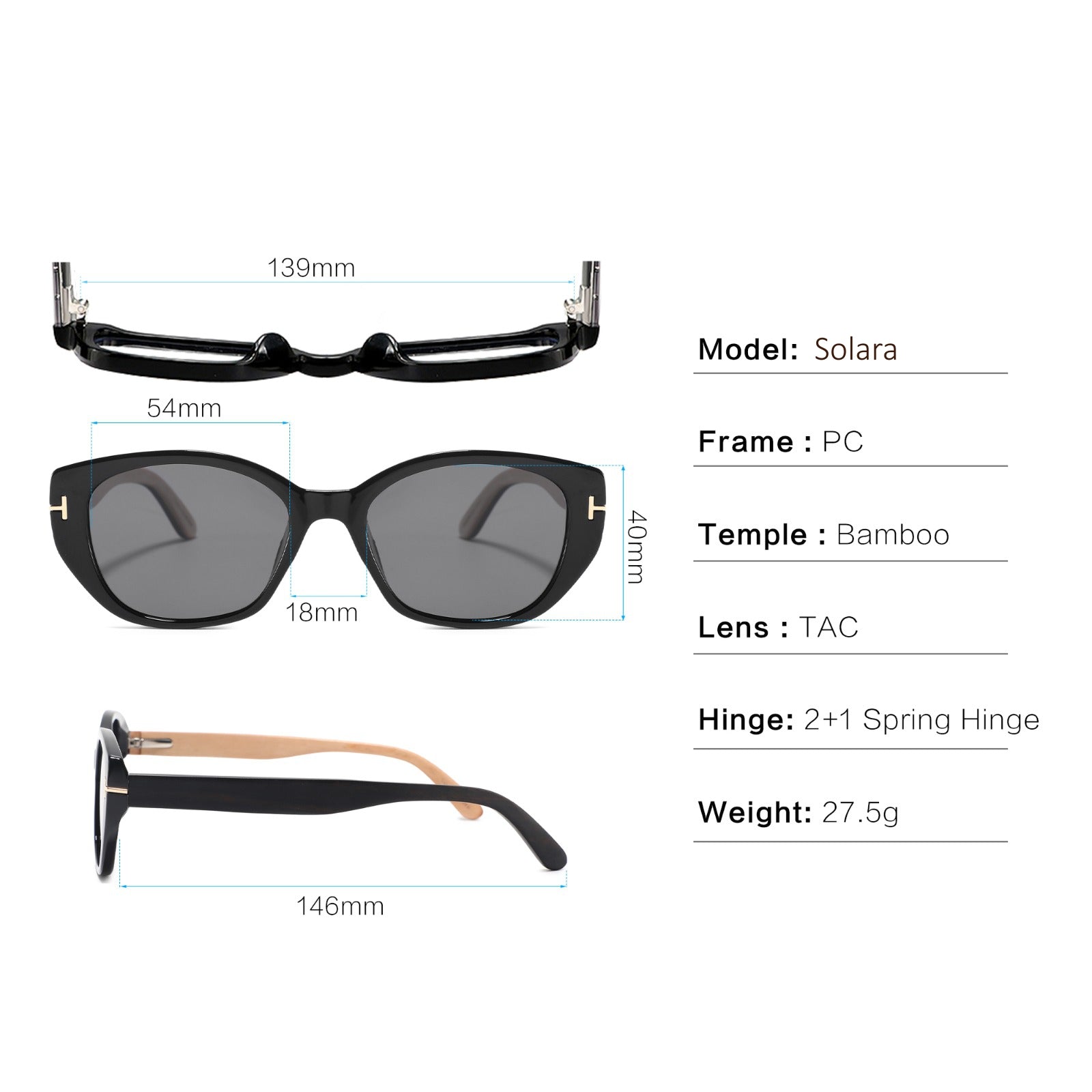 Three views of black cat-eye sunglasses with gray lenses and small gold accents, shown with measurement lines and text listing model, frame, temple, lens, hinge, and weight on a white background.
