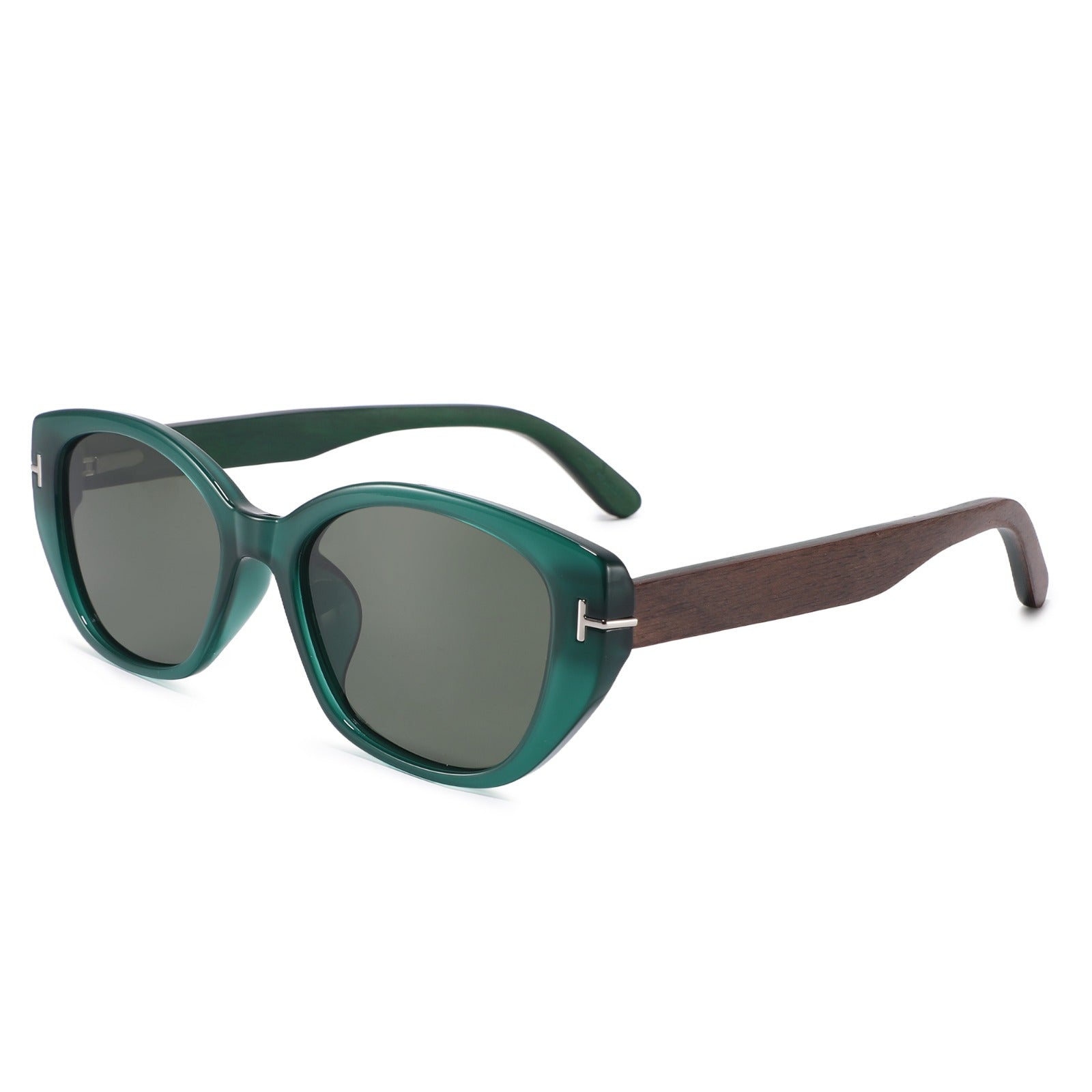 Cat-eye sunglasses with a translucent green acetate frame, dark gray lenses, and dark brown wooden temple arms, shown on a plain white background.