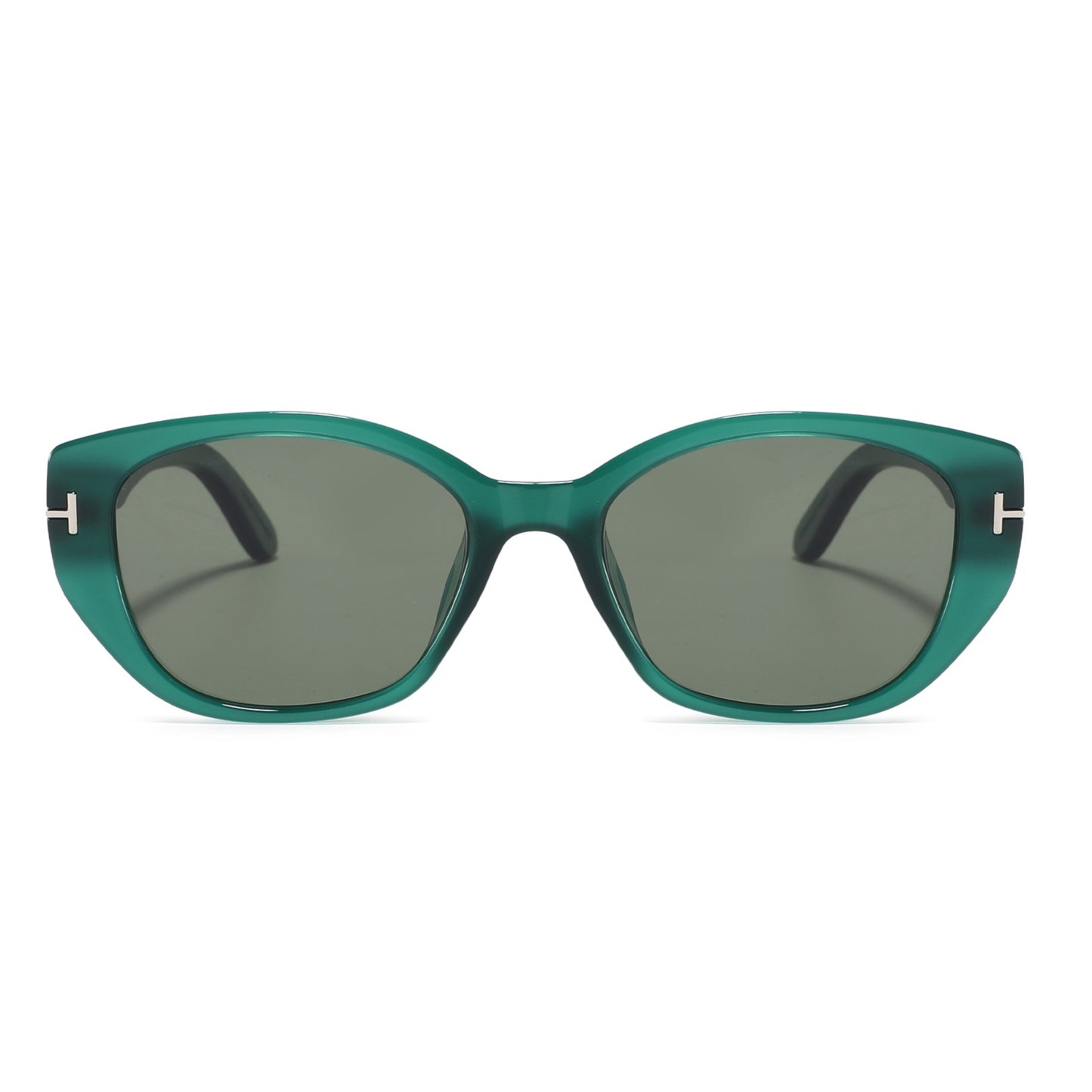 A pair of cat-eye sunglasses with a translucent teal green frame and dark gray lenses, featuring small silver 'H' logos on the temples.
