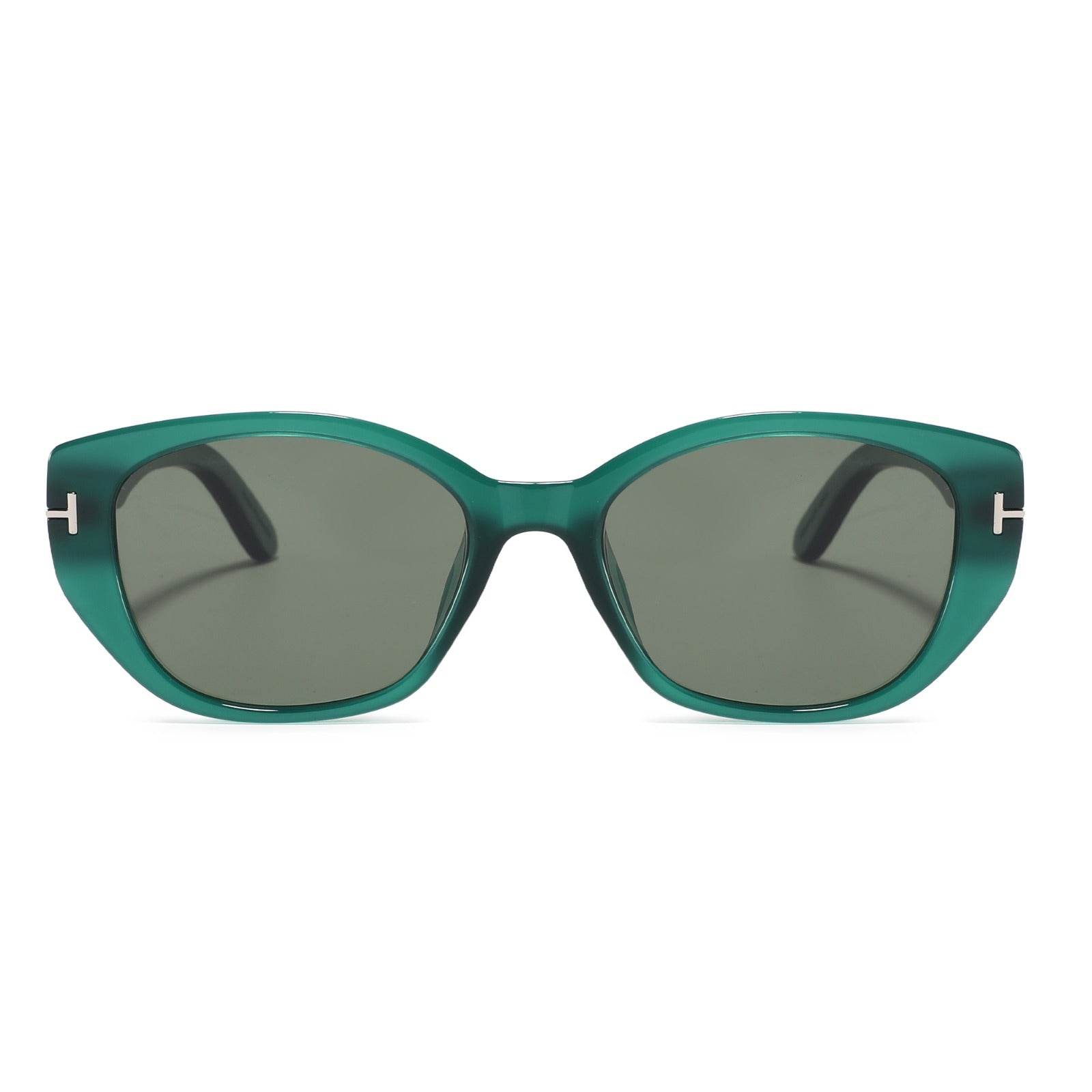A pair of cat-eye sunglasses with a translucent teal green frame and dark gray lenses, featuring small silver 'H' logos on the temples.