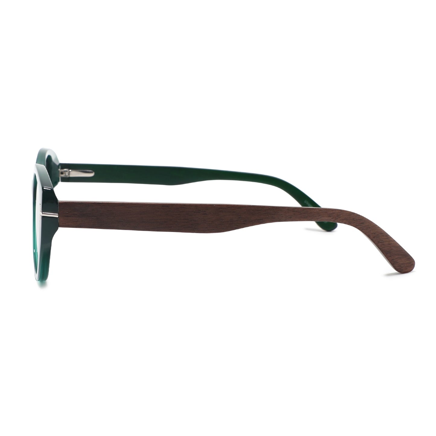 Side view of Hashtag Bamboo's Solara Green sunglasses with walnut and green maple natural wood arms.
