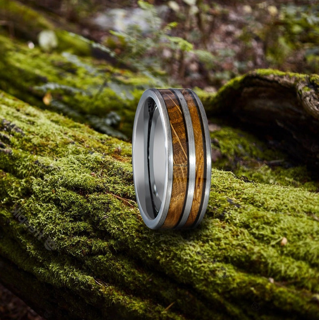 Men's Silver Tungsten Ring with Double Oak Inlay 8mm