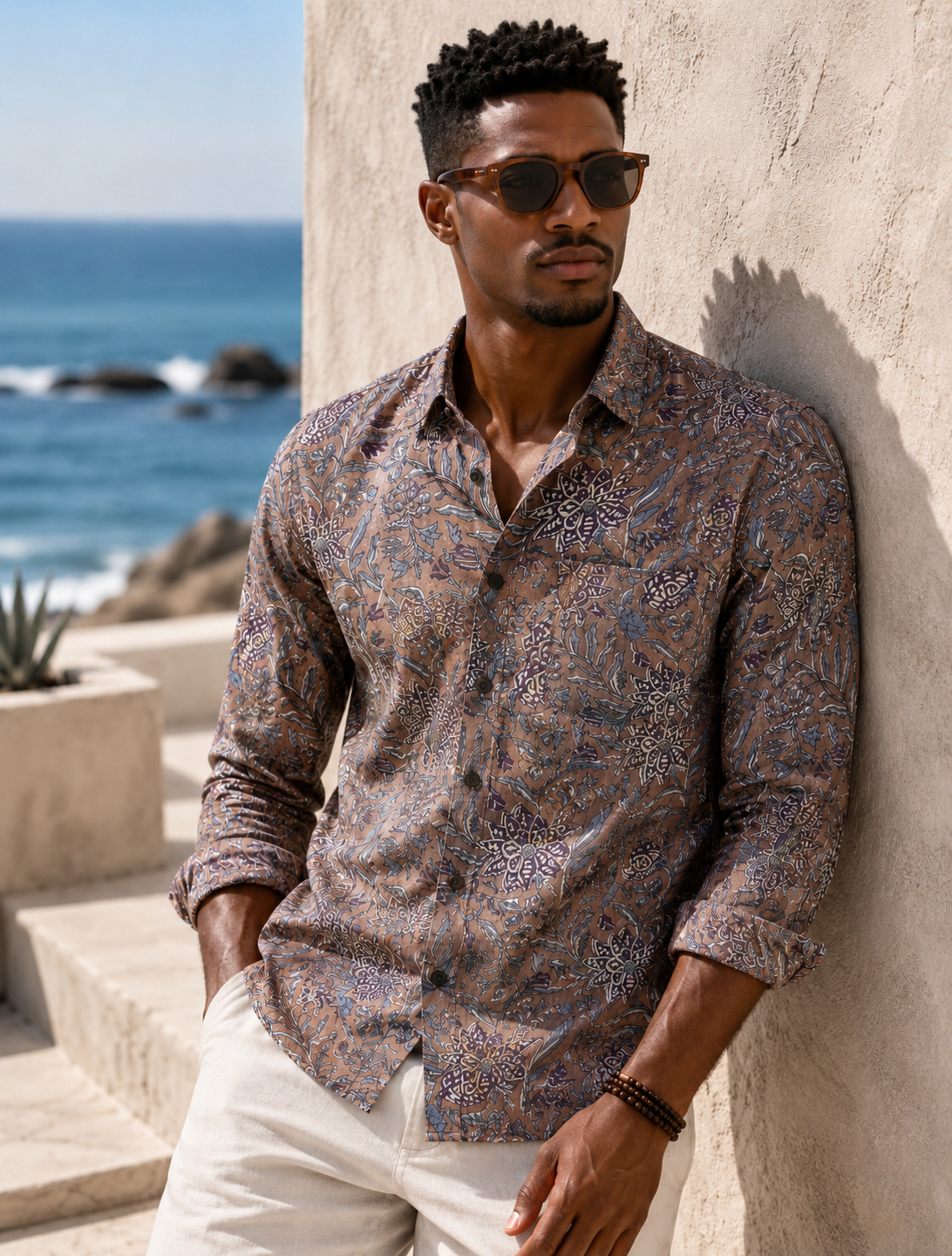 Men's Printed 100% Cotton Shirt | Indigo Dusk Botanical