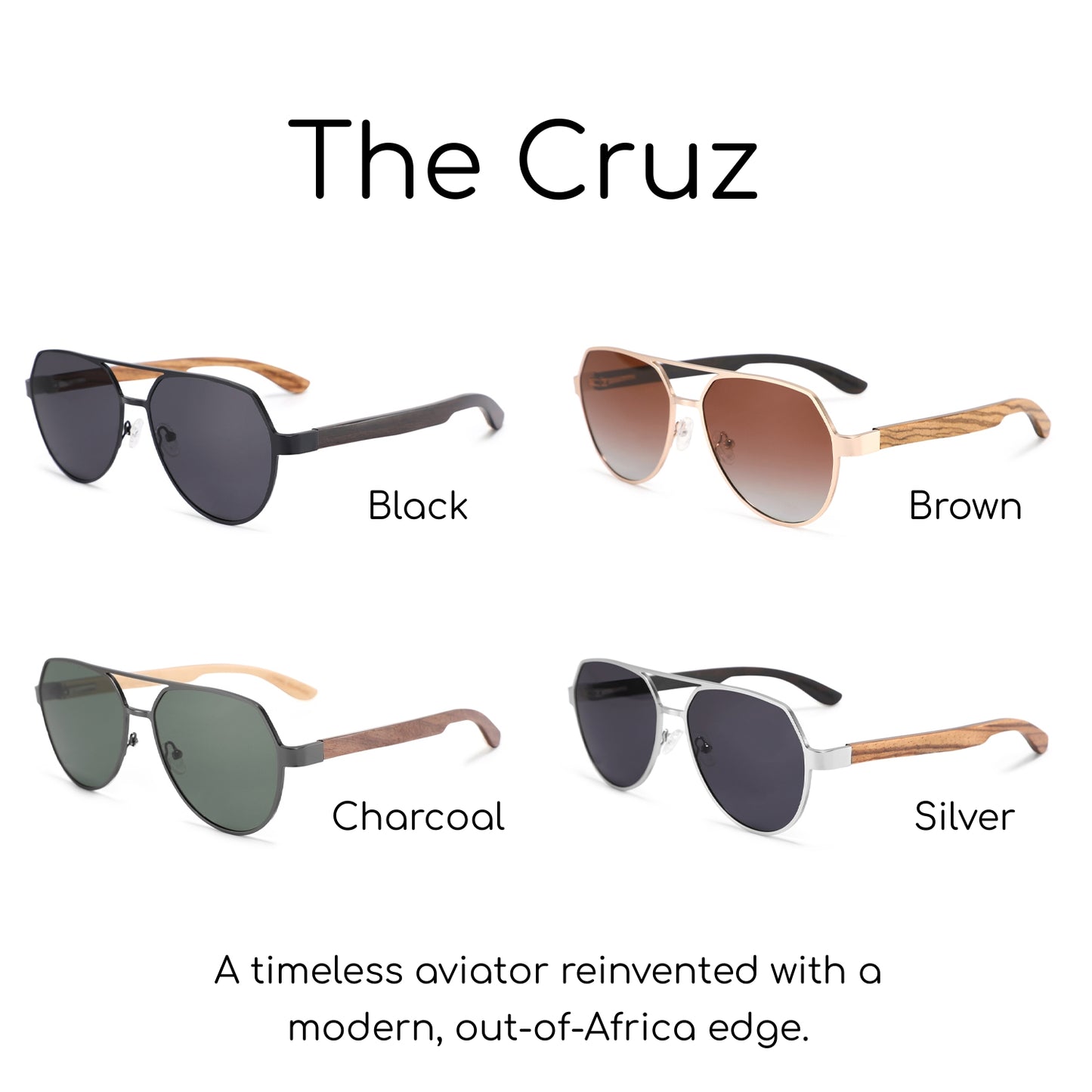 CRUZ CHARCOAL Aviator Reinvented Polarized Sunglasses Wooden Arms - Hashtag Bamboo