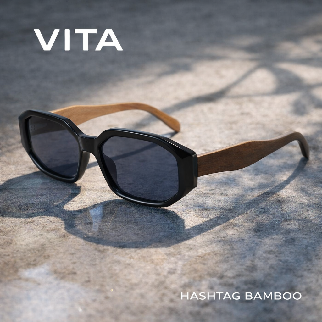 VITA BLACK Geometric | Polarised Ladies Sunglasses | Wooden Arms - Hashtag Bamboo