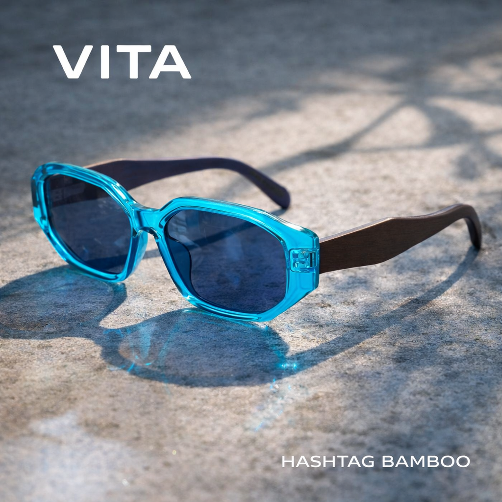 VITA BLUE Geometric | Polarised Ladies Sunglasses | Wooden Arms - Hashtag Bamboo