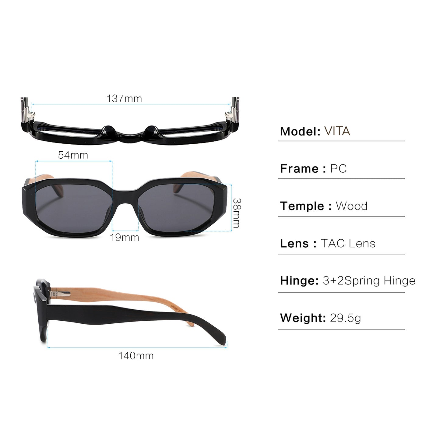 VITA CORAL Geometric | Polarised Ladies Sunglasses | Wooden Arms - Hashtag Bamboo