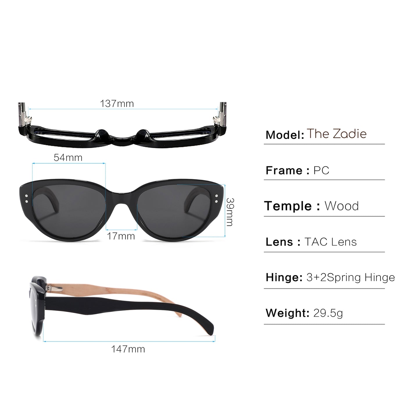 A product information graphic for cat-eye sunglasses showing three views with measurements and text specs: top view labeled 137mm width, 54mm bridge, and 39mm lens height; side view labeled 147mm width; and text listing model 'The Zadie', PC frame, wood temple, TAC lens, 3+2 spring hinge, and 29.5g weight.