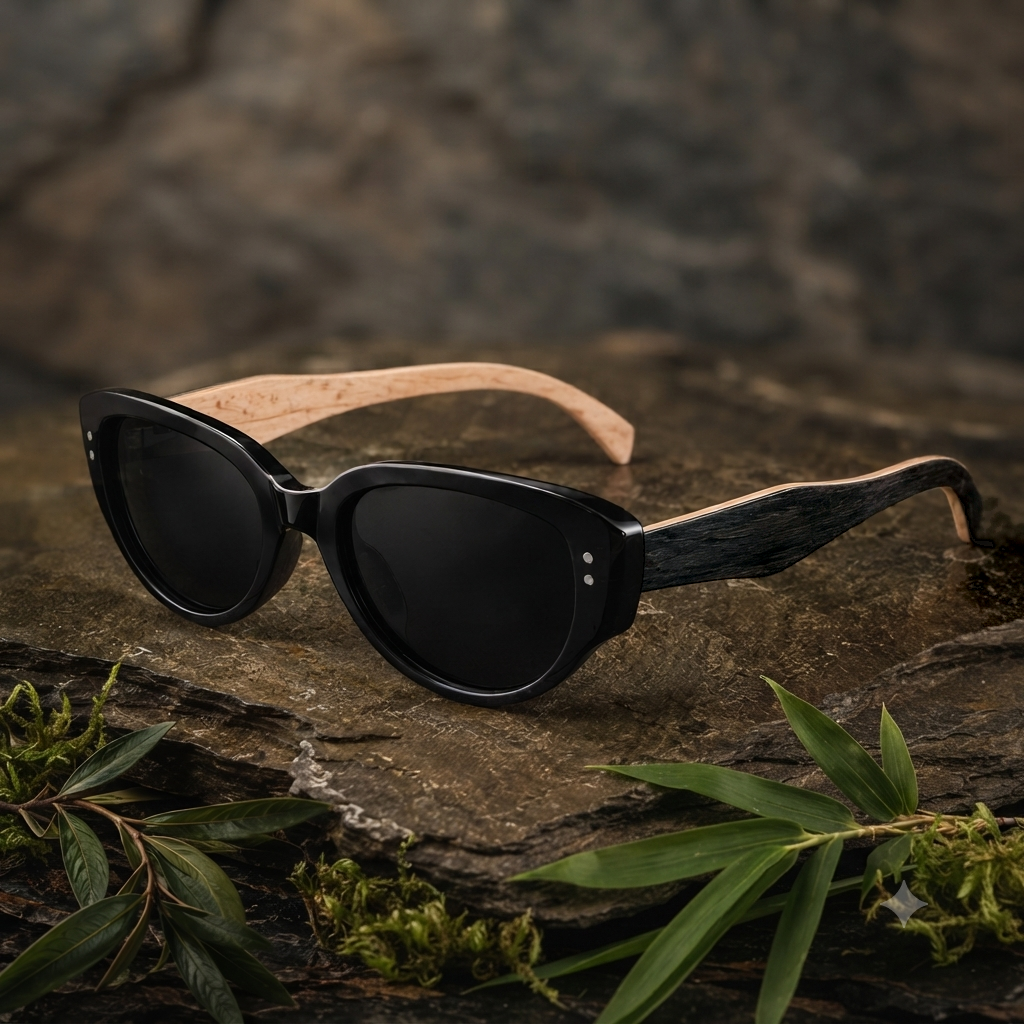 Black sunglasses with a natural light wood temple arm and a dark wood patterned temple arm, resting on a dark textured rock with green leaves in the foreground.