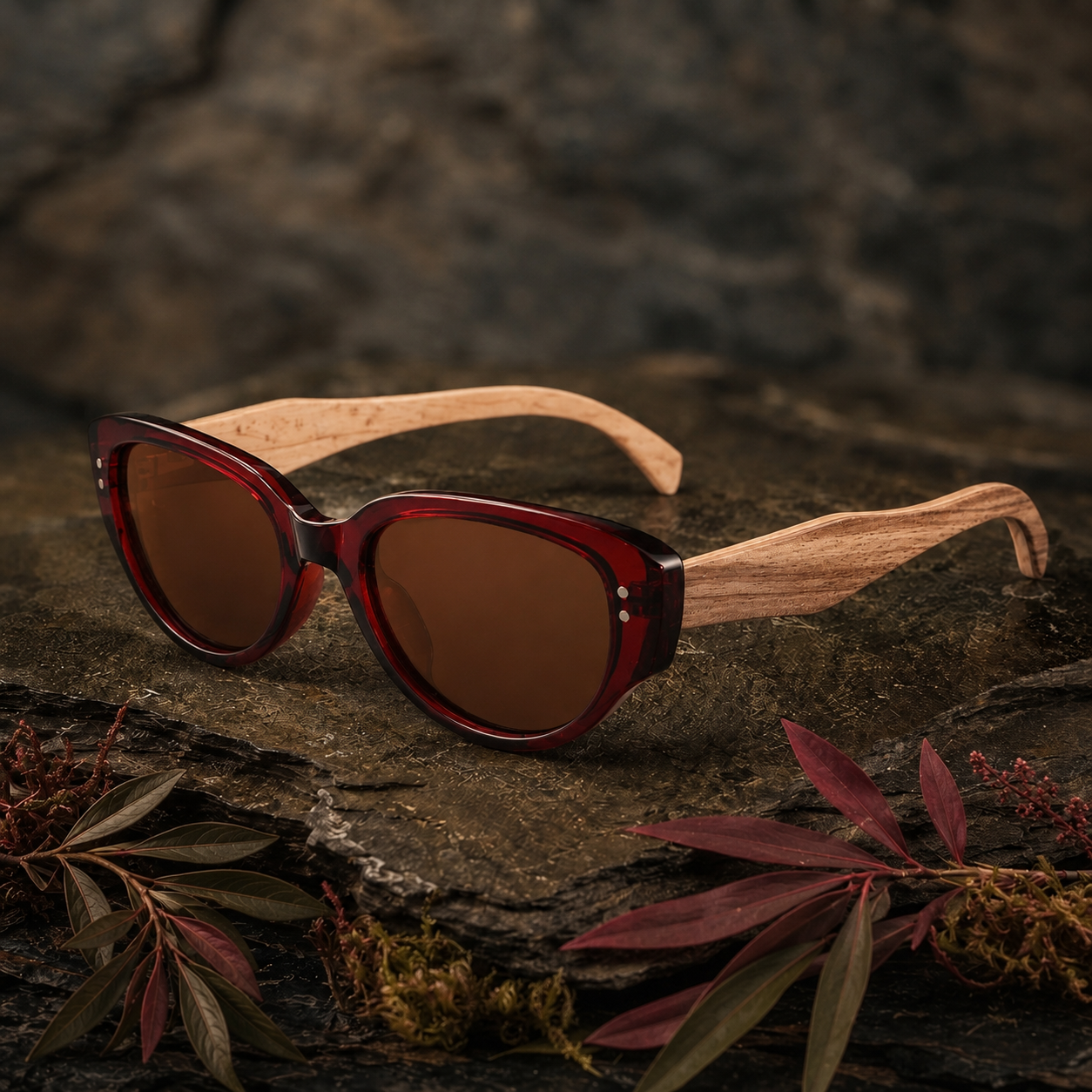 Cat-eye sunglasses with translucent dark red frames and light natural wood temples, resting on a textured dark stone surface with dried leaves around them.