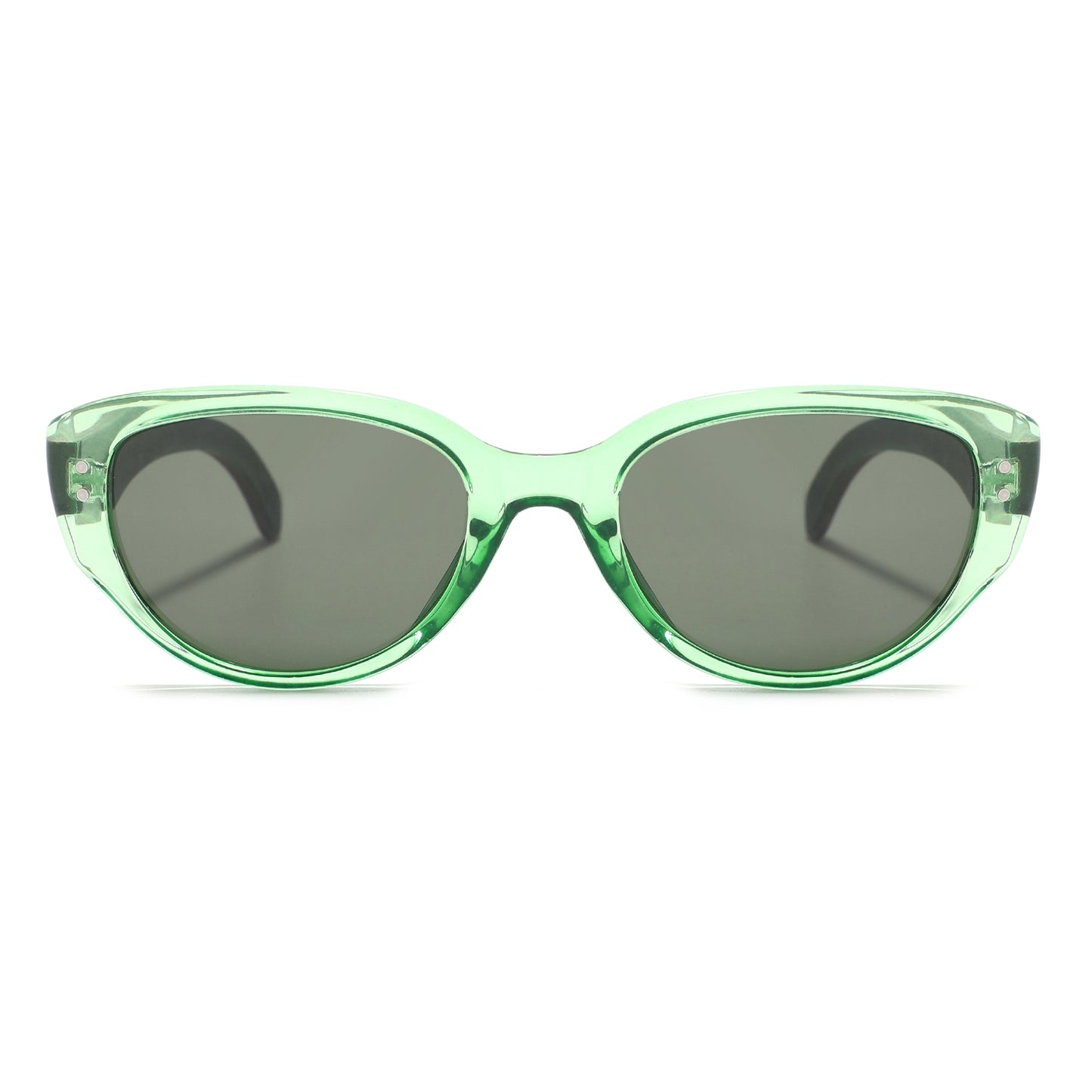 Cat-eye sunglasses with a translucent mint green frame and dark gray lenses, shown against a plain white background.